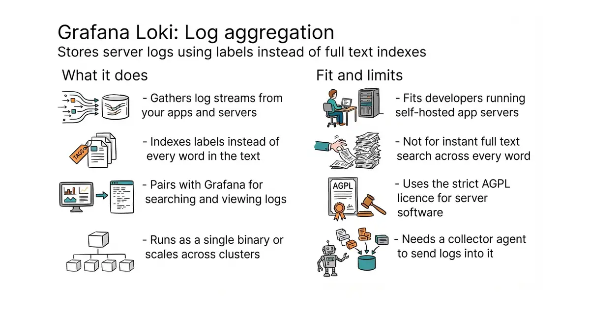 Grafana Loki: Log aggregation. Stores server logs using labels instead of full text indexes.
