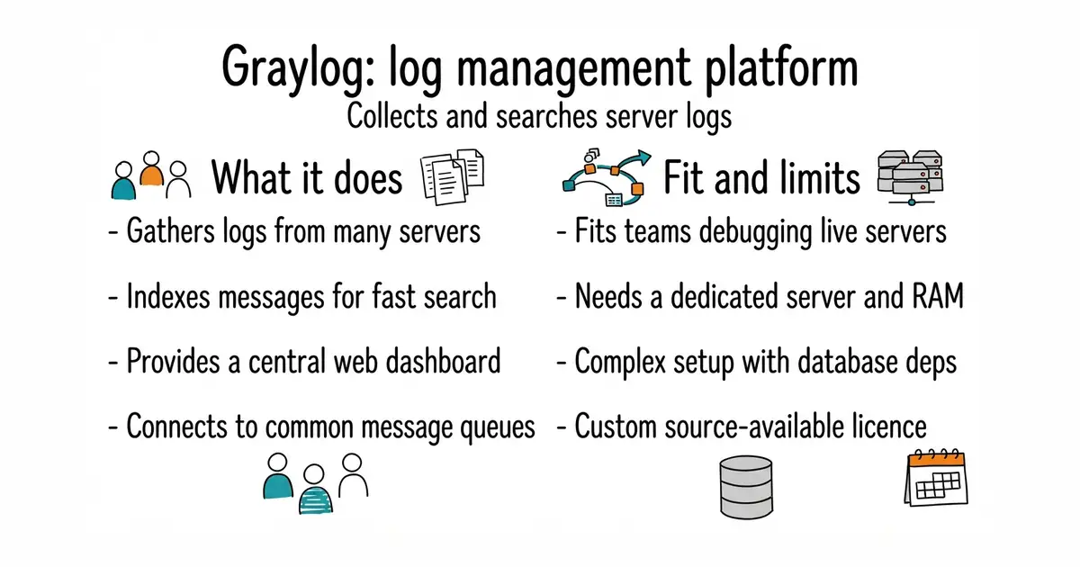 Graylog: log management platform. Collects and searches server logs.