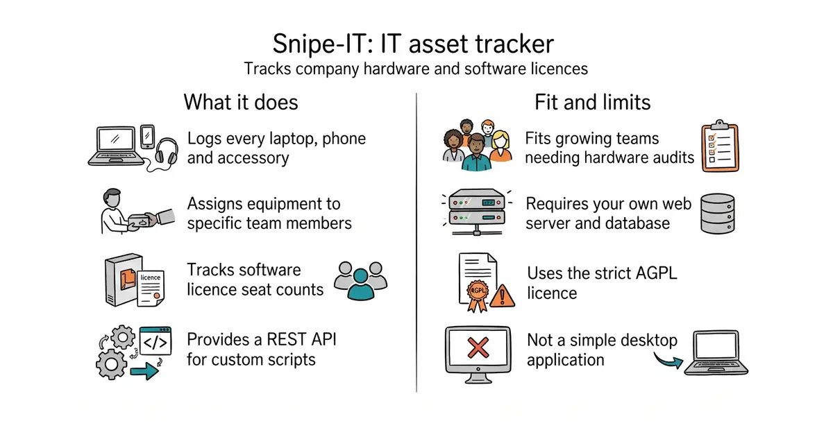 Snipe-IT: IT asset tracker. Tracks company hardware and software licences.
