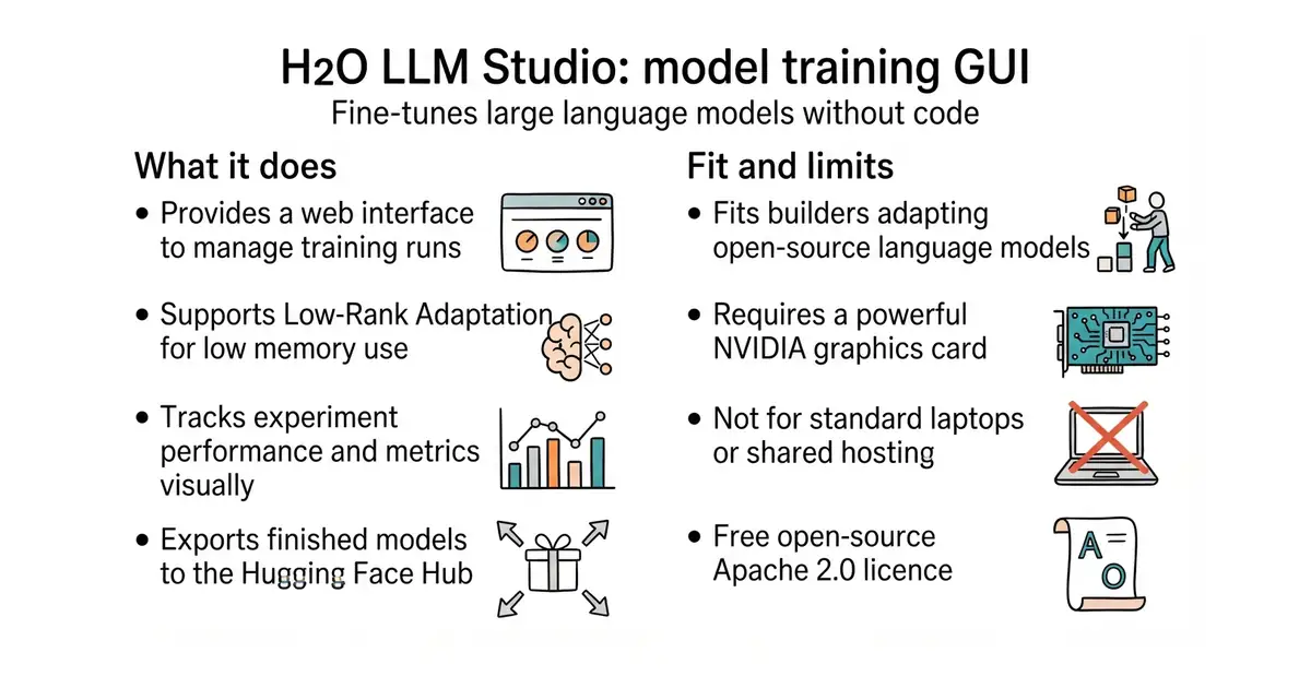 H2O LLM Studio: model training GUI. Fine-tunes large language models without code.