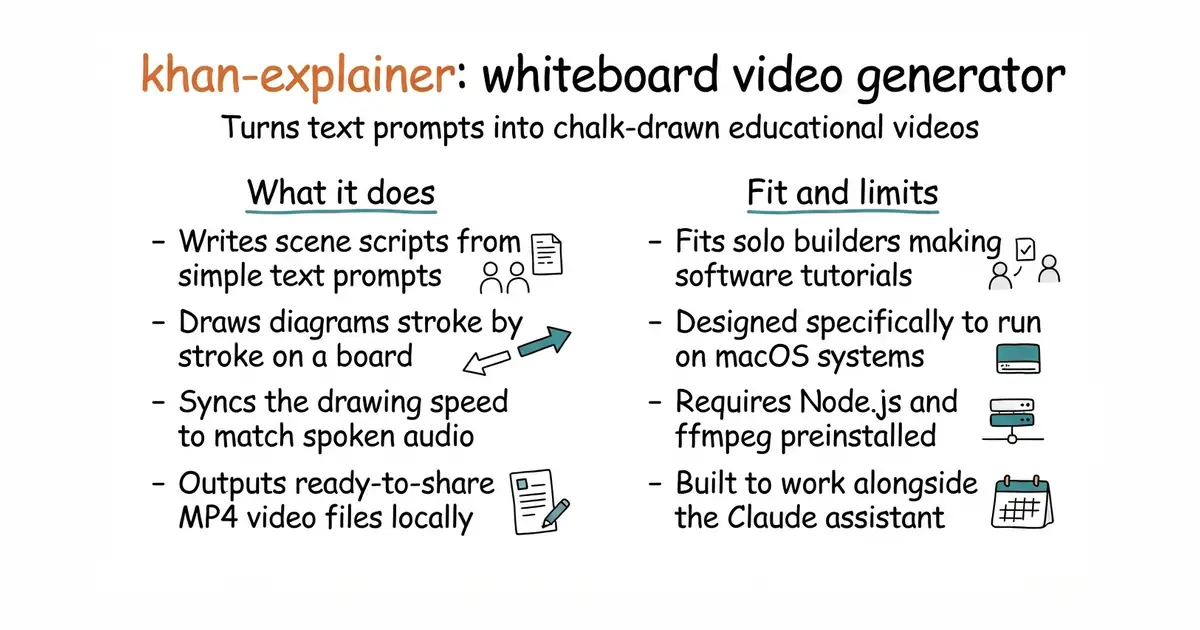 khan-explainer: whiteboard video generator. Turns text prompts into chalk-drawn educational videos.