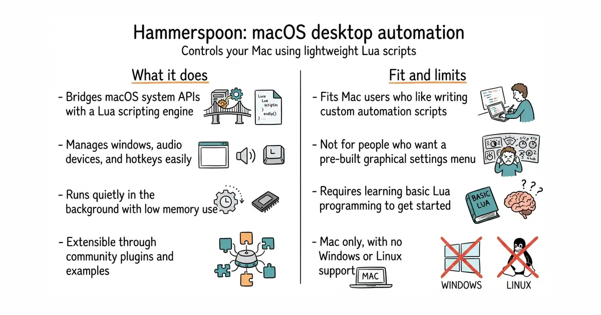 Hammerspoon: macOS desktop automation. Controls your Mac using lightweight Lua scripts.