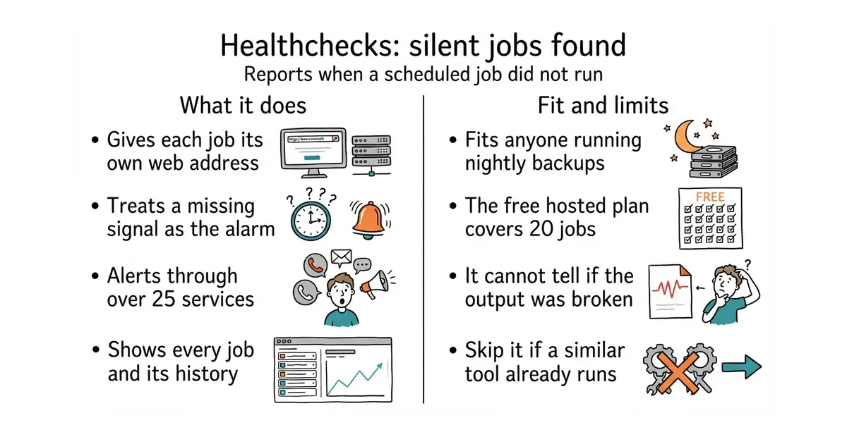 Healthchecks: silent jobs found. Reports when a scheduled job did not run.
