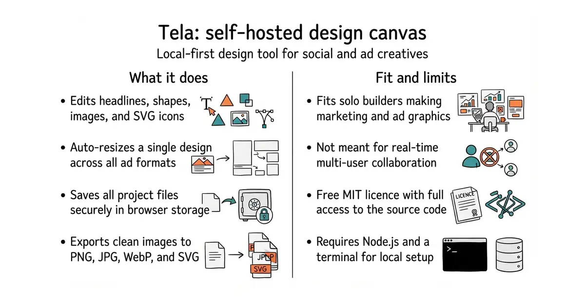 Tela: self-hosted design canvas. Local-first design tool for social and ad creatives.