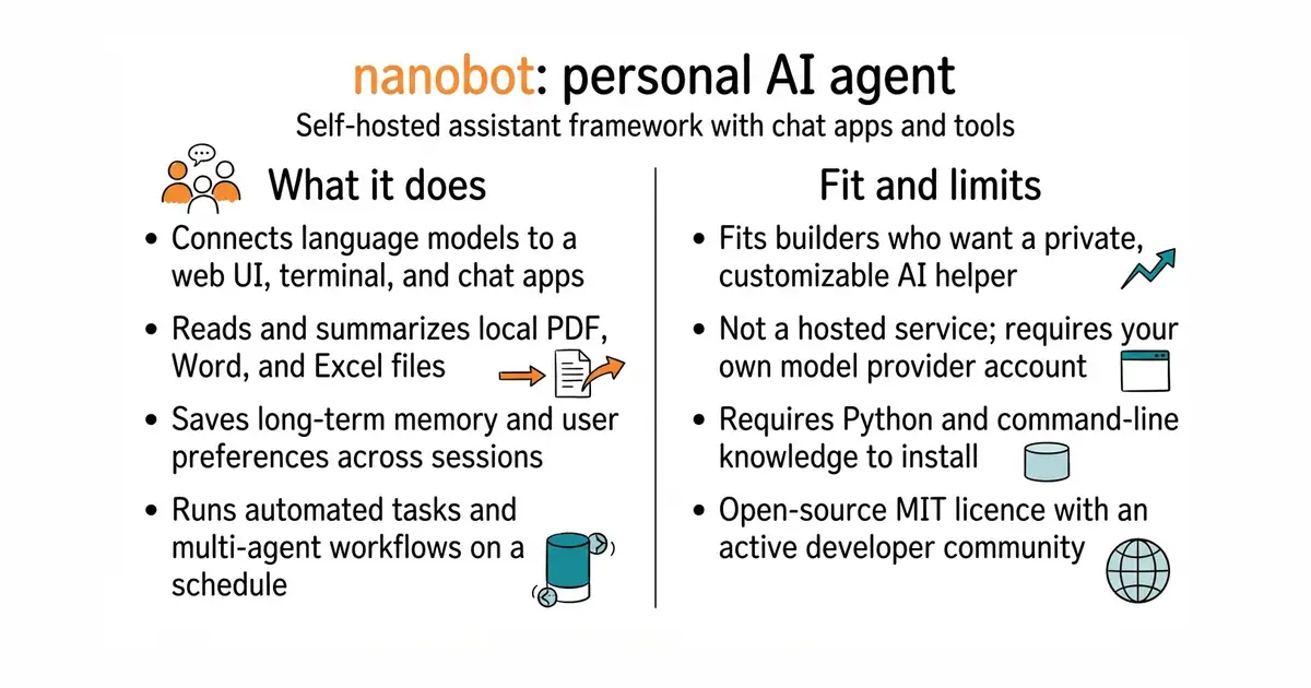 nanobot: personal AI agent. Self-hosted assistant framework with chat apps and tools.