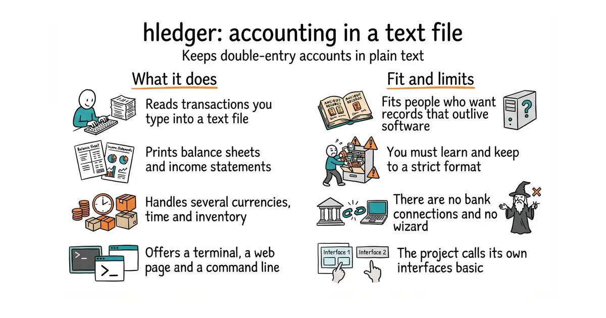 hledger: accounting in a text file. Keeps double-entry accounts in plain text.