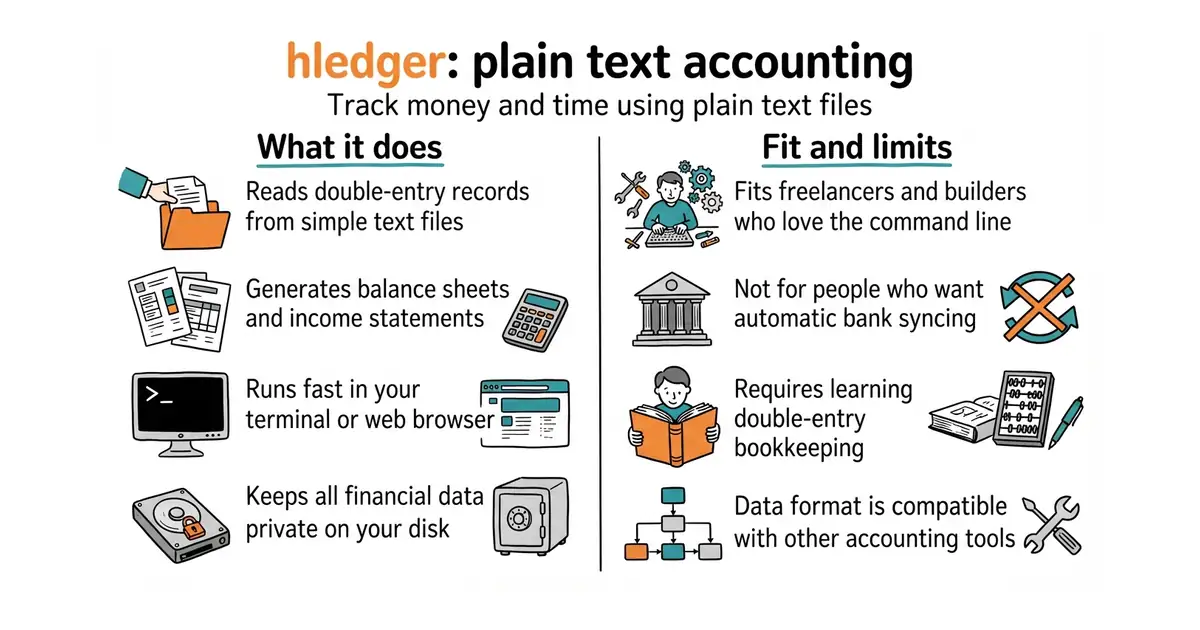 hledger: plain text accounting. Track money and time using plain text files.