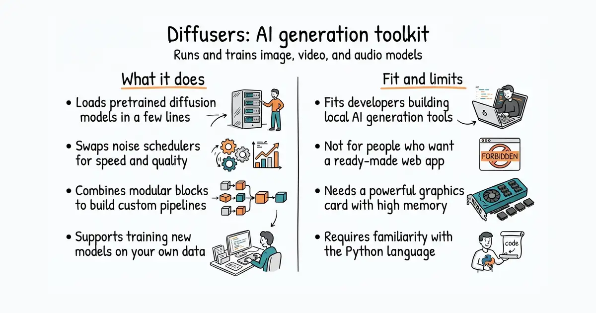 Diffusers: AI generation toolkit. Runs and trains image, video, and audio models.