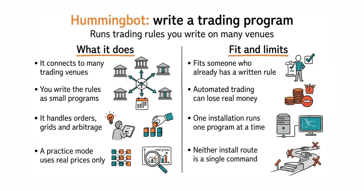 Hummingbot: write a trading program. Runs trading rules you write on many venues.