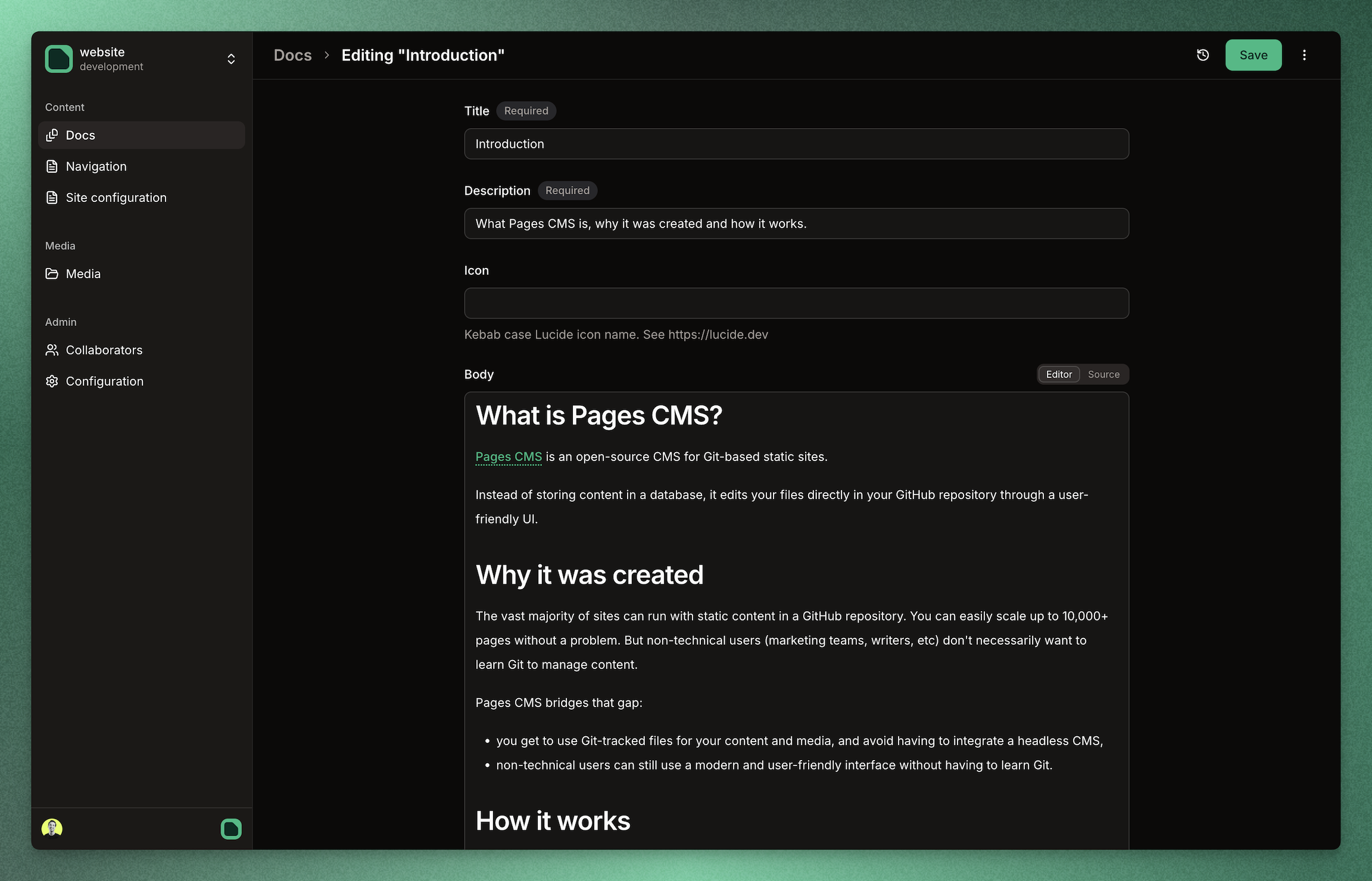 hunvreus/pagescms: Screenshot 1