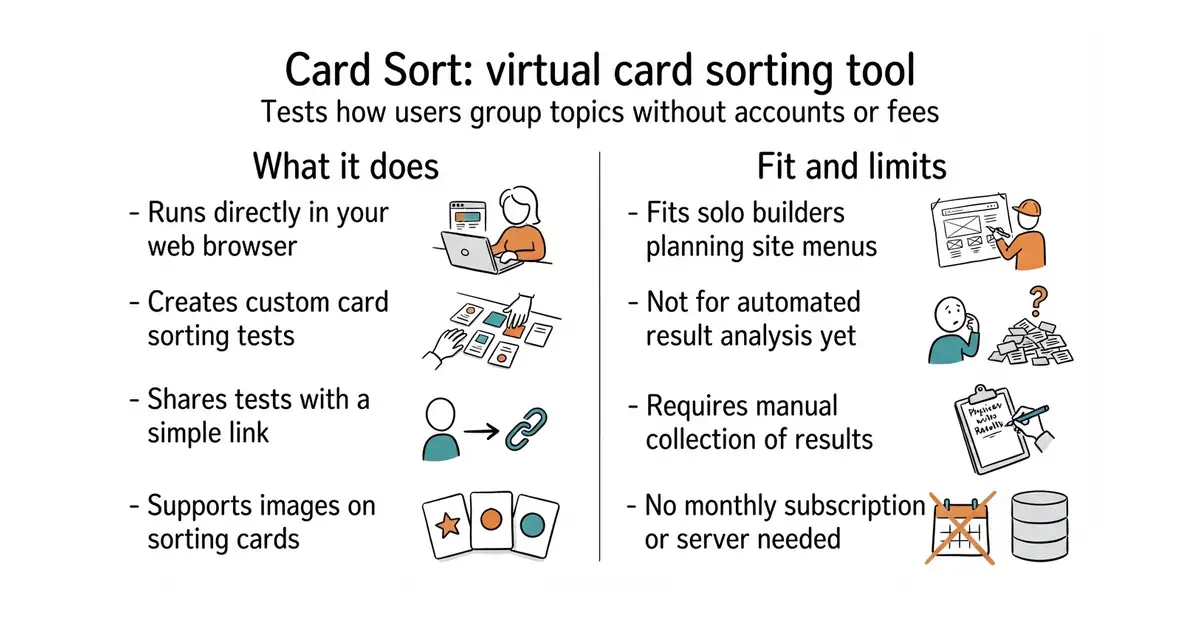 Card Sort: virtual card sorting tool. Tests how users group topics without accounts or fees.