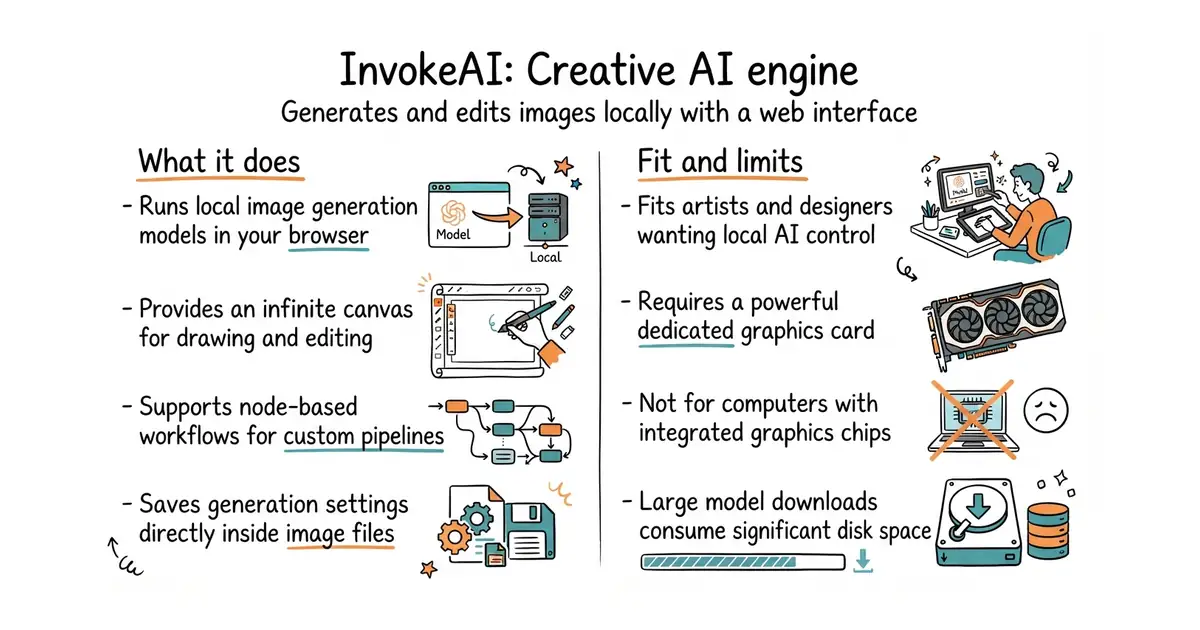 InvokeAI: Creative AI engine. Generates and edits images locally with a web interface.