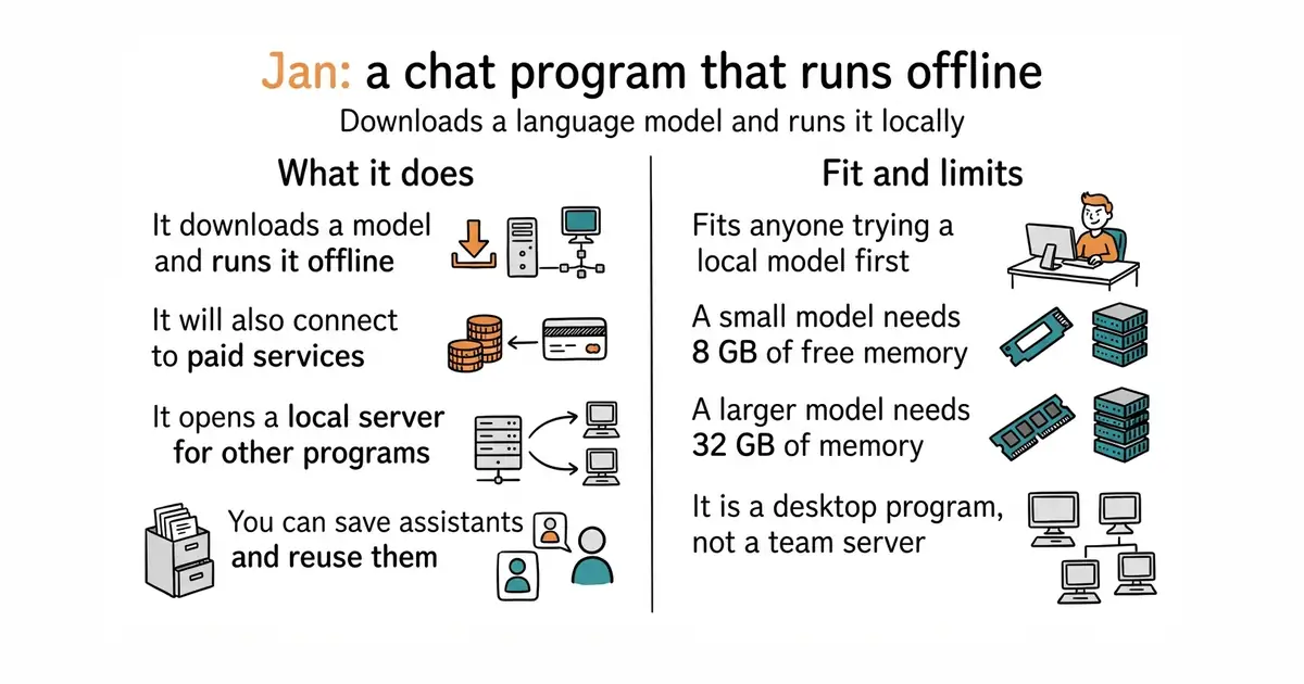 Jan: a chat program that runs offline. Downloads a language model and runs it locally.