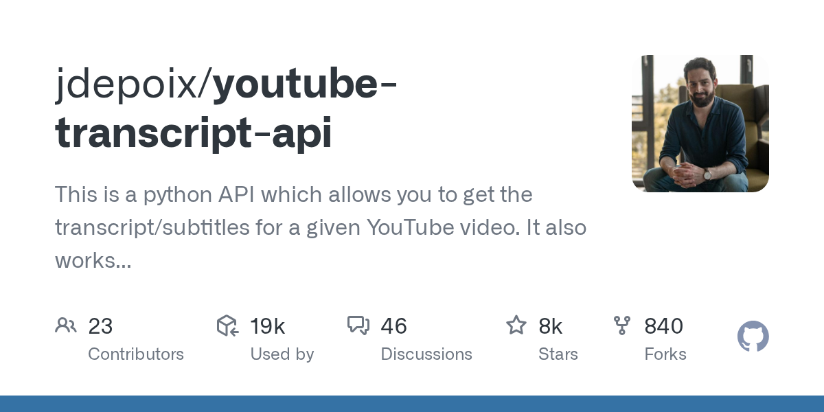 jdepoix/youtube-transcript-api: GitHub preview card