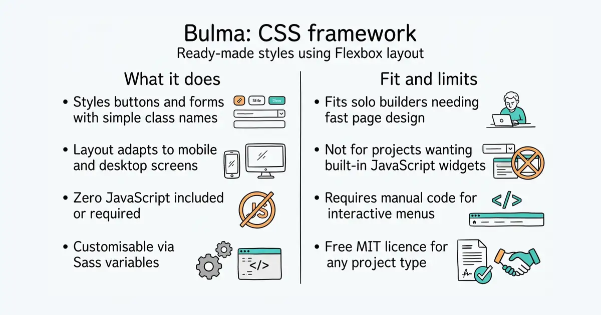 Bulma: CSS framework. Ready-made styles using Flexbox layout.