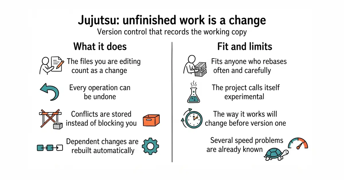 Jujutsu: unfinished work is a change. Version control that records the working copy.