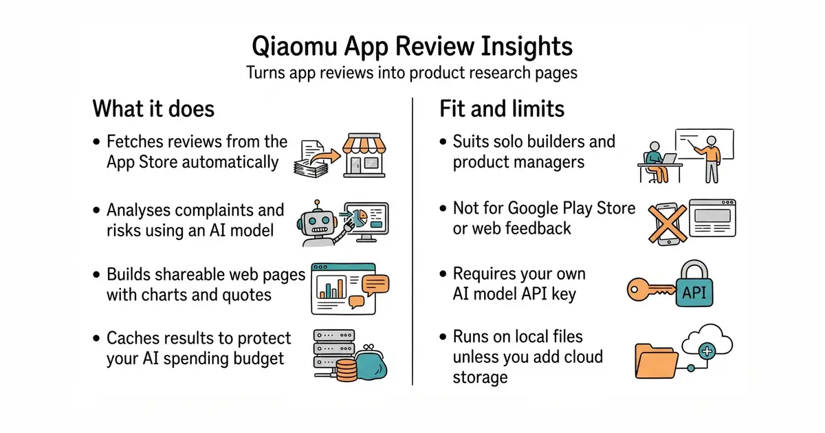 Qiaomu App Review Insights. Turns app reviews into product research pages.