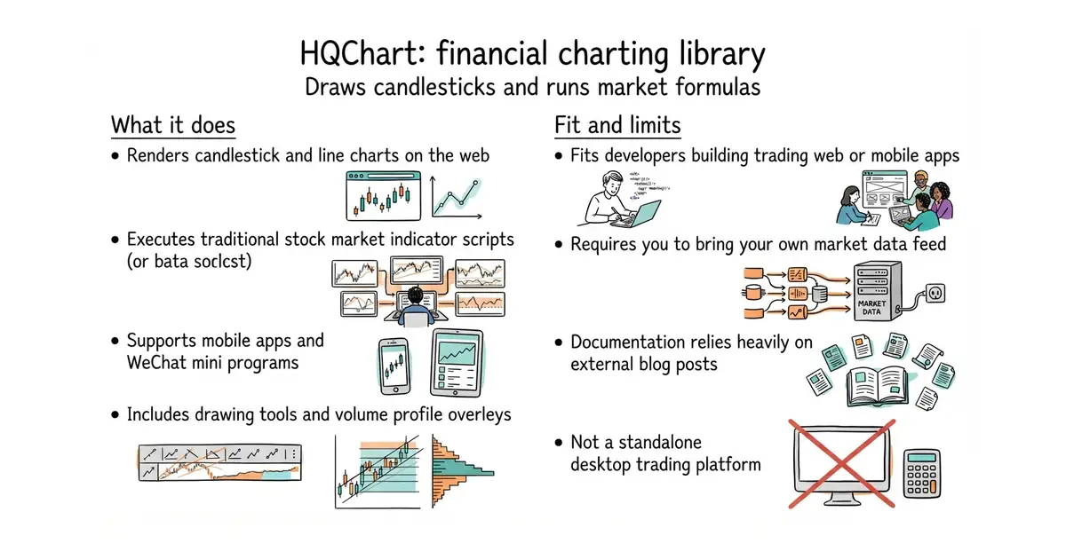 HQChart: financial charting library. Draws candlesticks and runs market formulas.