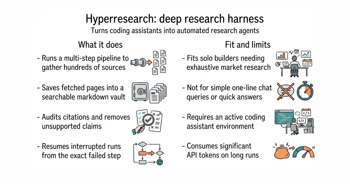 Hyperresearch: deep research harness. Turns coding assistants into automated research agents.