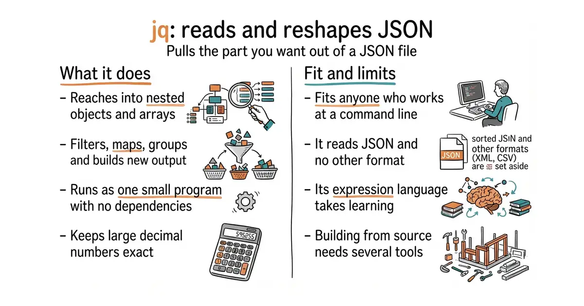 jq: reads and reshapes JSON. Pulls the part you want out of a JSON file.