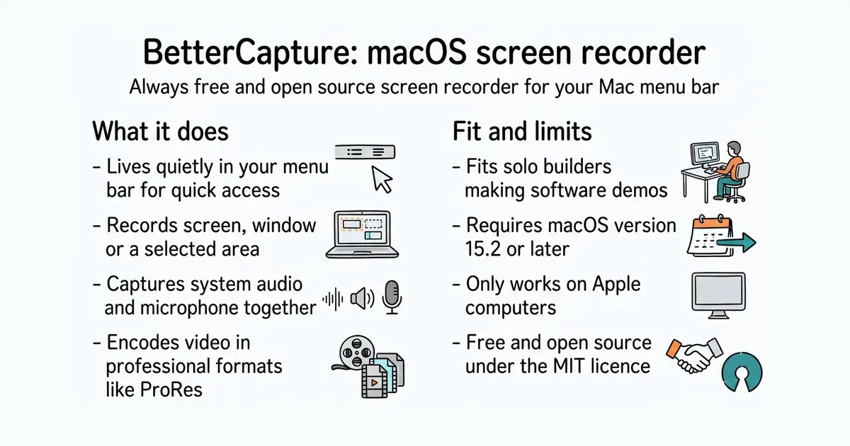BetterCapture: macOS screen recorder. Always free and open source screen recorder for your Mac menu bar.