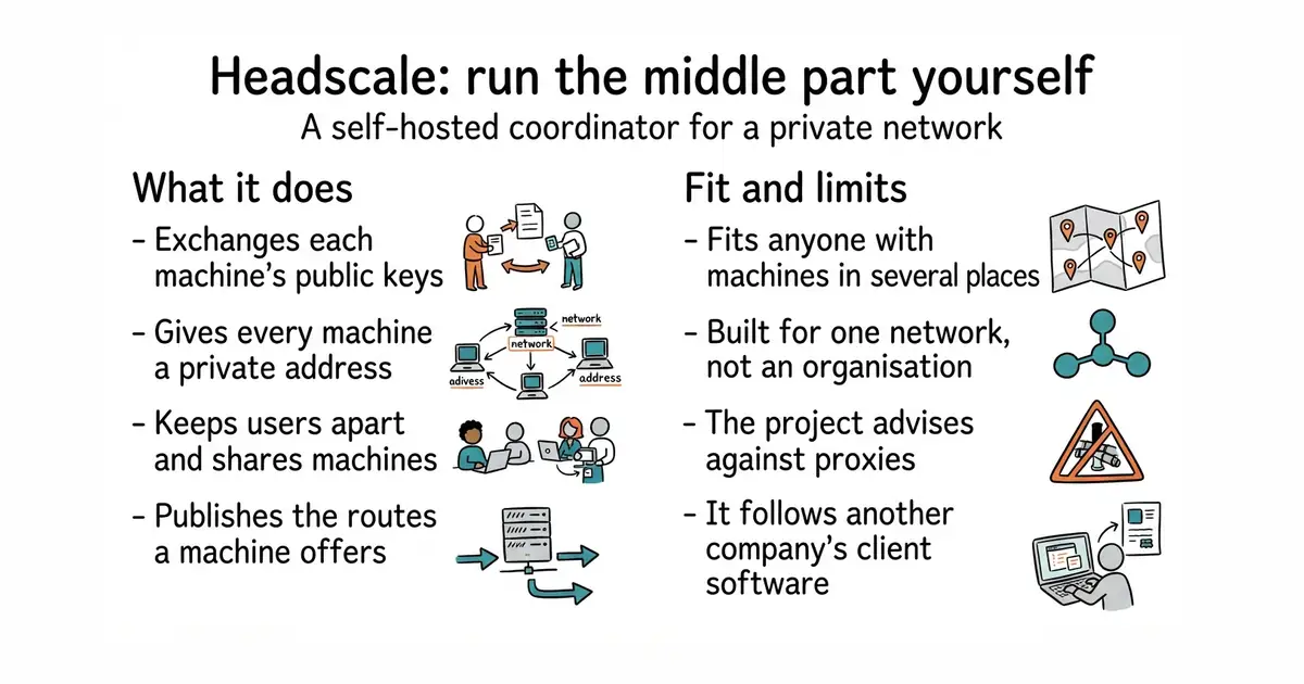 Headscale: run the middle part yourself. A self-hosted coordinator for a private network.