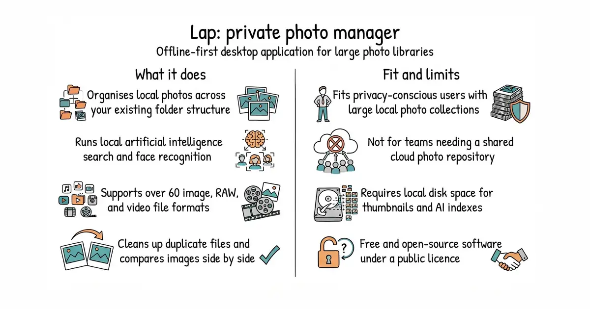 Lap: private photo manager. Offline-first desktop application for large photo libraries.