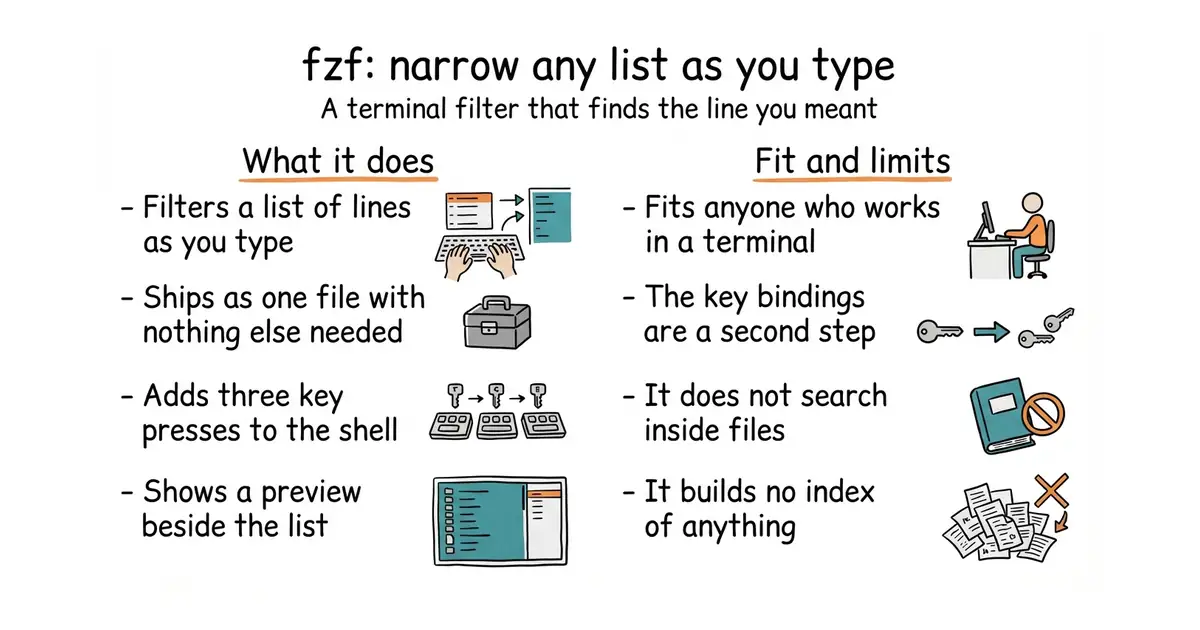 fzf: narrow any list as you type. A terminal filter that finds the line you meant.