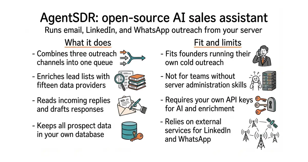 AgentSDR: open-source AI sales assistant. Runs email, LinkedIn, and WhatsApp outreach from your server.