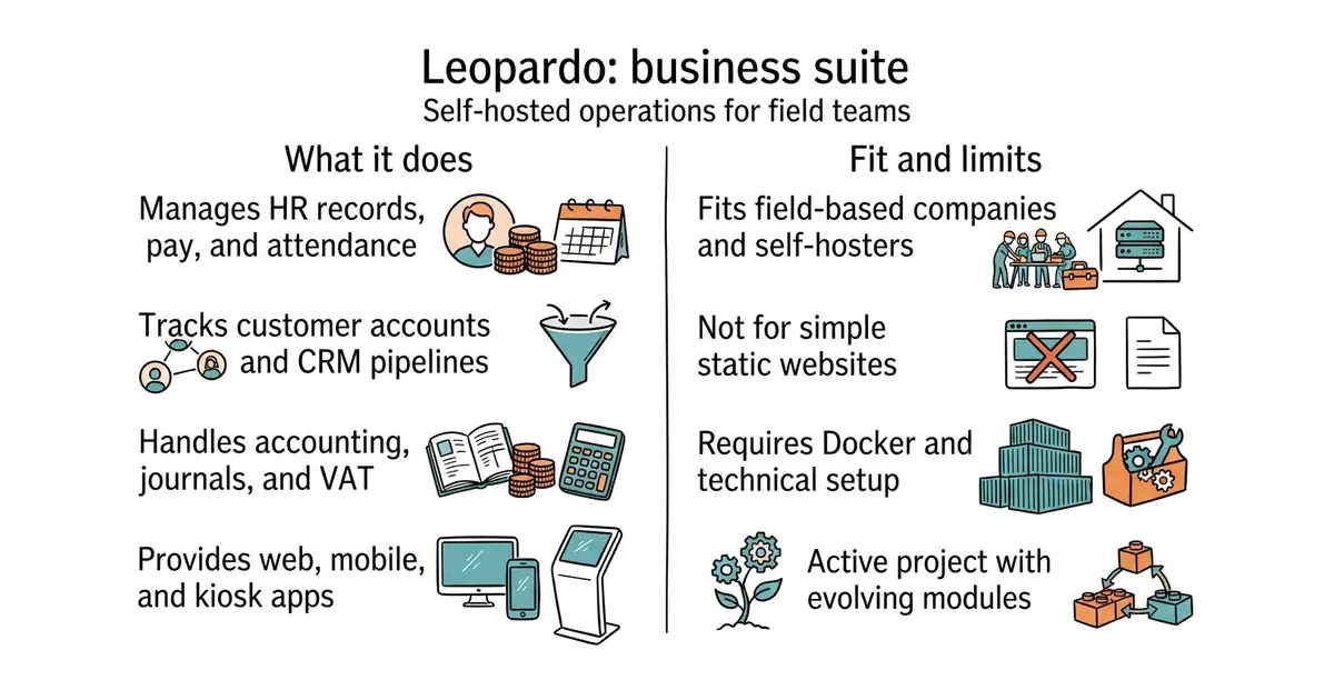 Leopardo: business suite. Self-hosted operations for field teams.