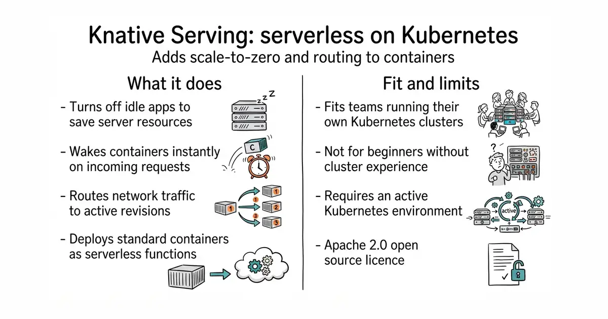 Knative Serving: serverless on Kubernetes. Adds scale-to-zero and routing to containers.