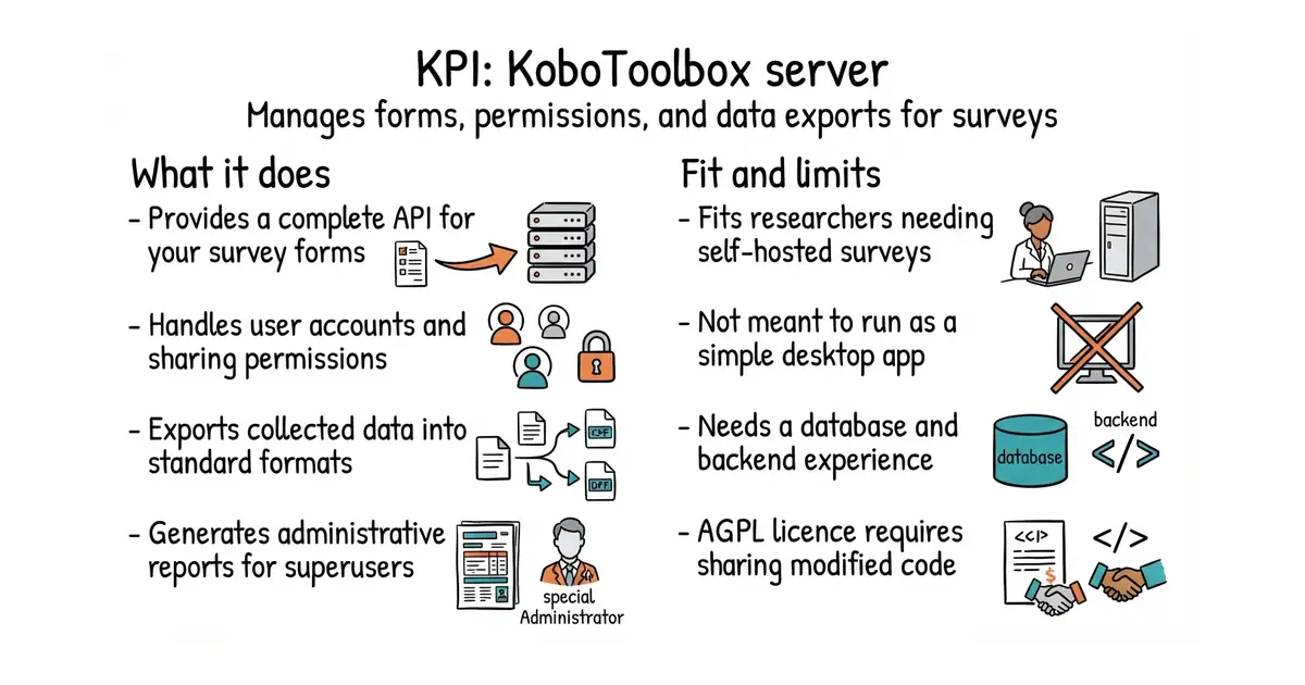 KPI: KoboToolbox server. Manages forms, permissions, and data exports for surveys.