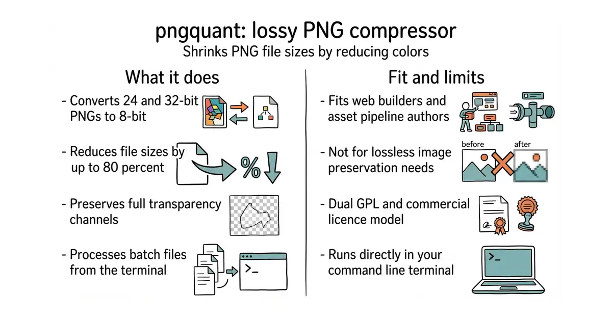 pngquant: lossy PNG compressor. Shrinks PNG file sizes by reducing colors.