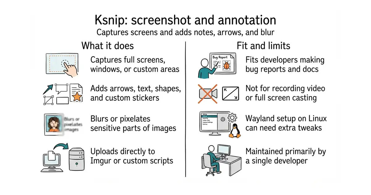 Ksnip: screenshot and annotation. Captures screens and adds notes, arrows, and blur.