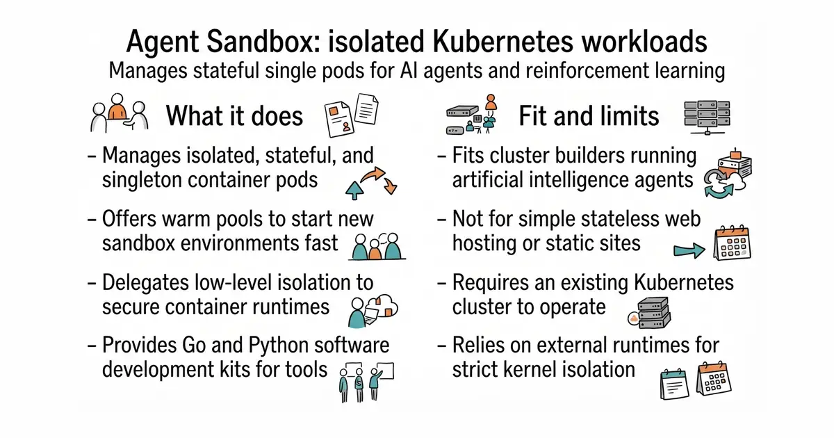 Agent Sandbox: isolated Kubernetes workloads. Manages stateful single pods for AI agents and reinforcement learning.