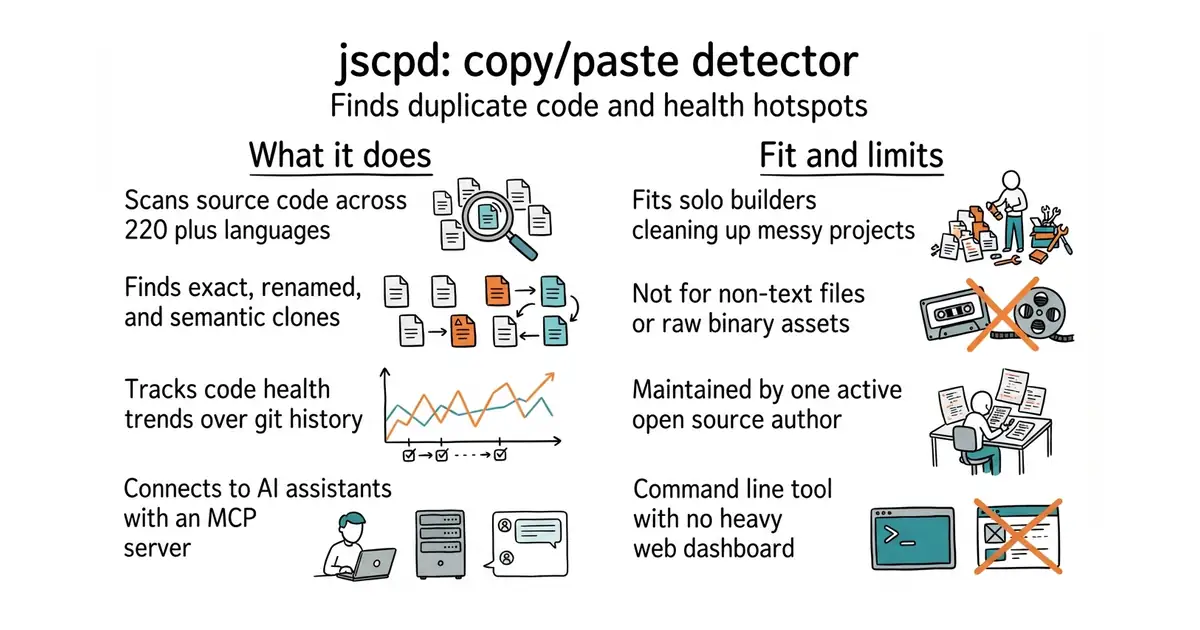 jscpd: copy/paste detector. Finds duplicate code and health hotspots.