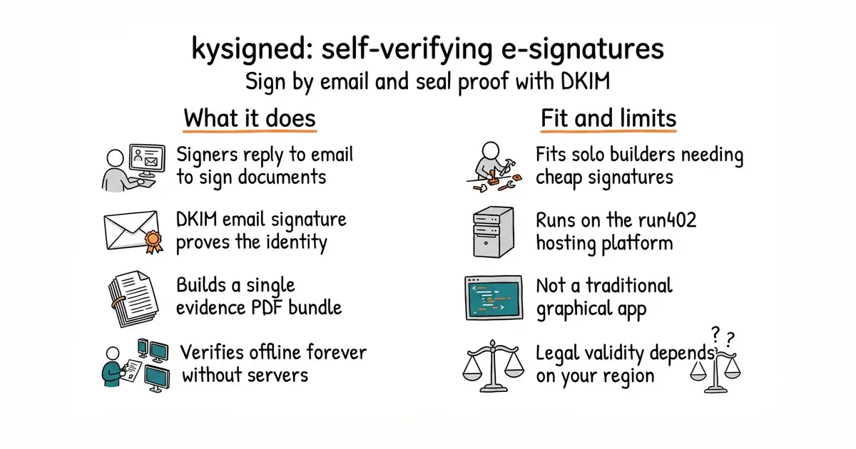 kysigned: self-verifying e-signatures. Sign by email and seal proof with DKIM.