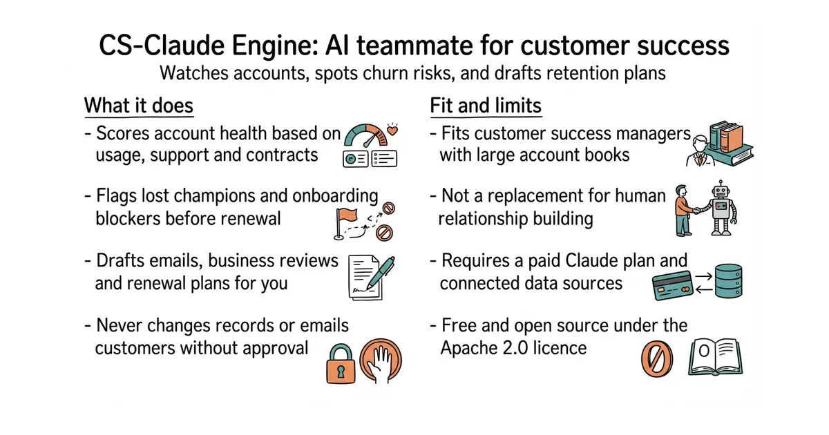 CS-Claude Engine: AI teammate for customer success. Watches accounts, spots churn risks, and drafts retention plans.
