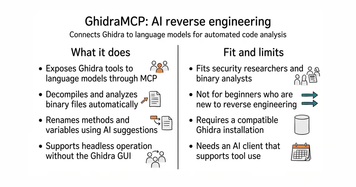 GhidraMCP: AI reverse engineering. Connects Ghidra to language models for automated code analysis.