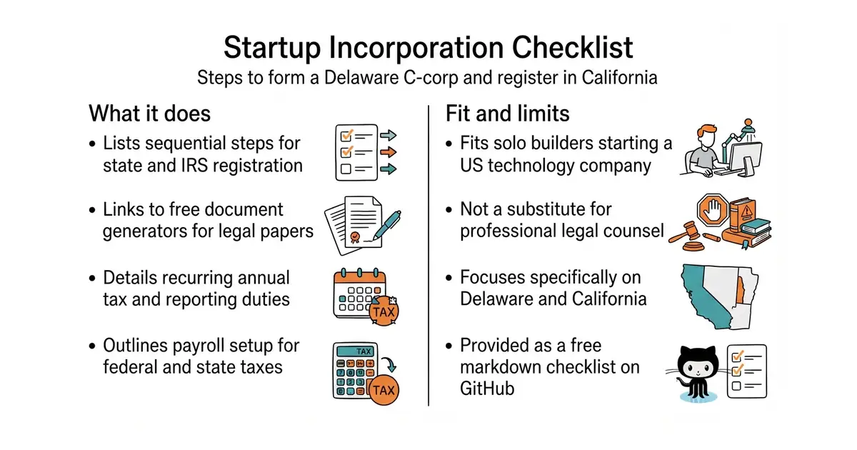 Startup Incorporation Checklist. Steps to form a Delaware C-corp and register in California.