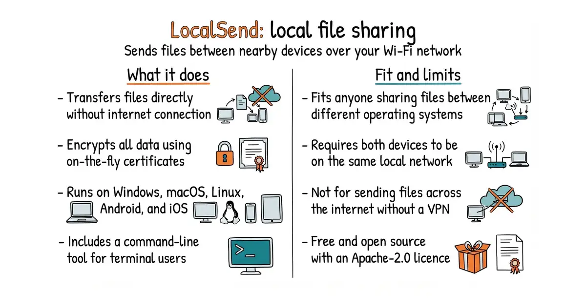 LocalSend: local file sharing. Sends files between nearby devices over your Wi-Fi network.