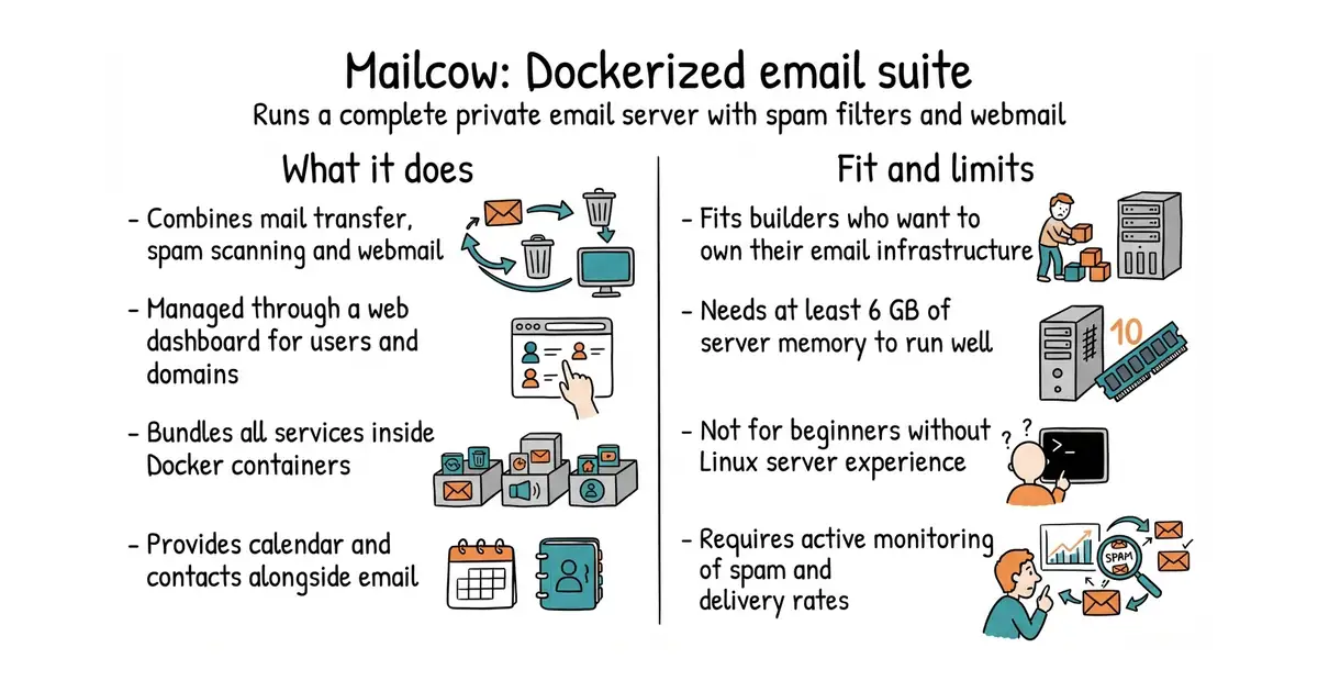Mailcow: Dockerized email suite. Runs a complete private email server with spam filters and webmail.