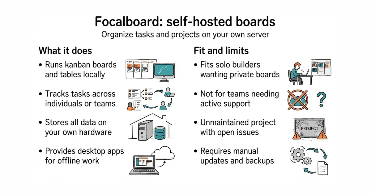 Focalboard: self-hosted boards. Organize tasks and projects on your own server.
