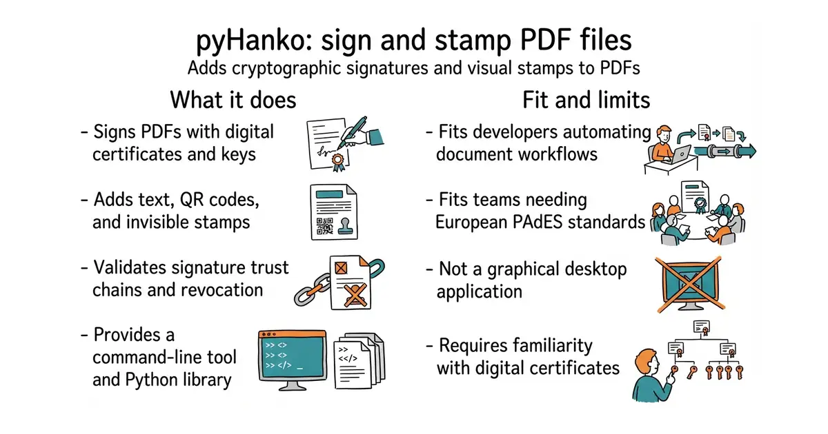 pyHanko: sign and stamp PDF files. Adds cryptographic signatures and visual stamps to PDFs.