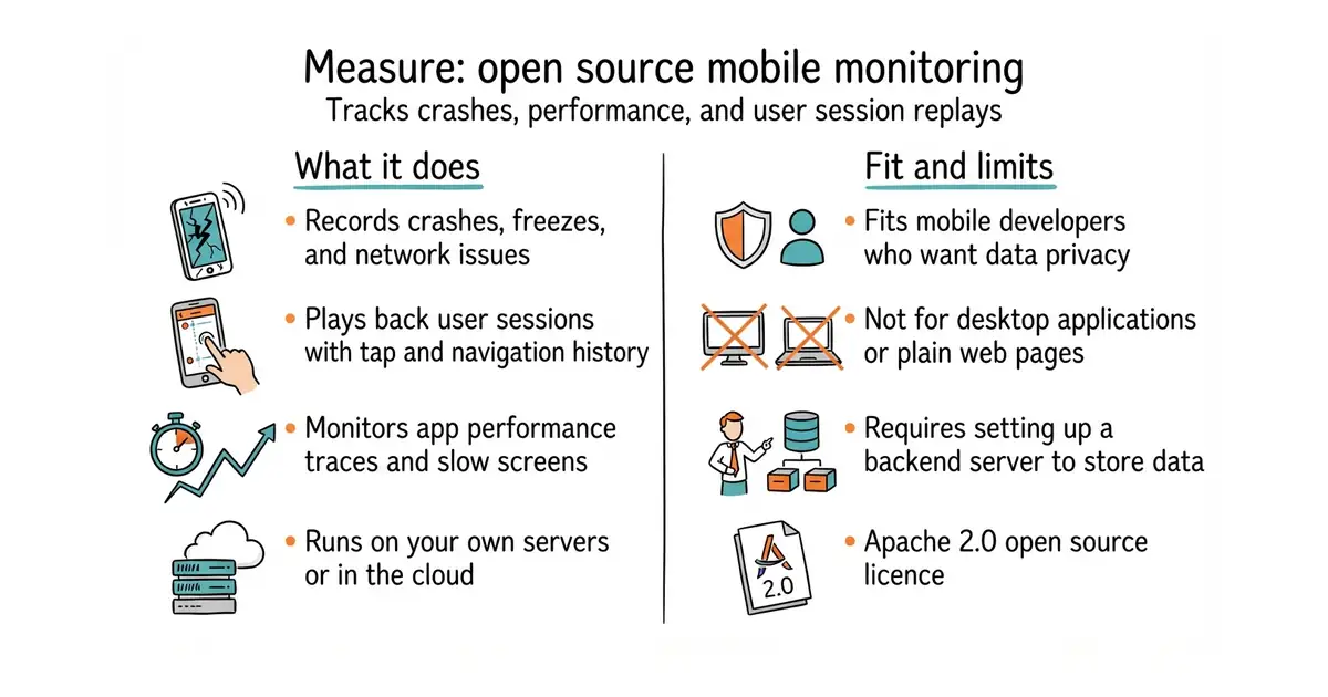 Measure: open source mobile monitoring. Tracks crashes, performance, and user session replays.