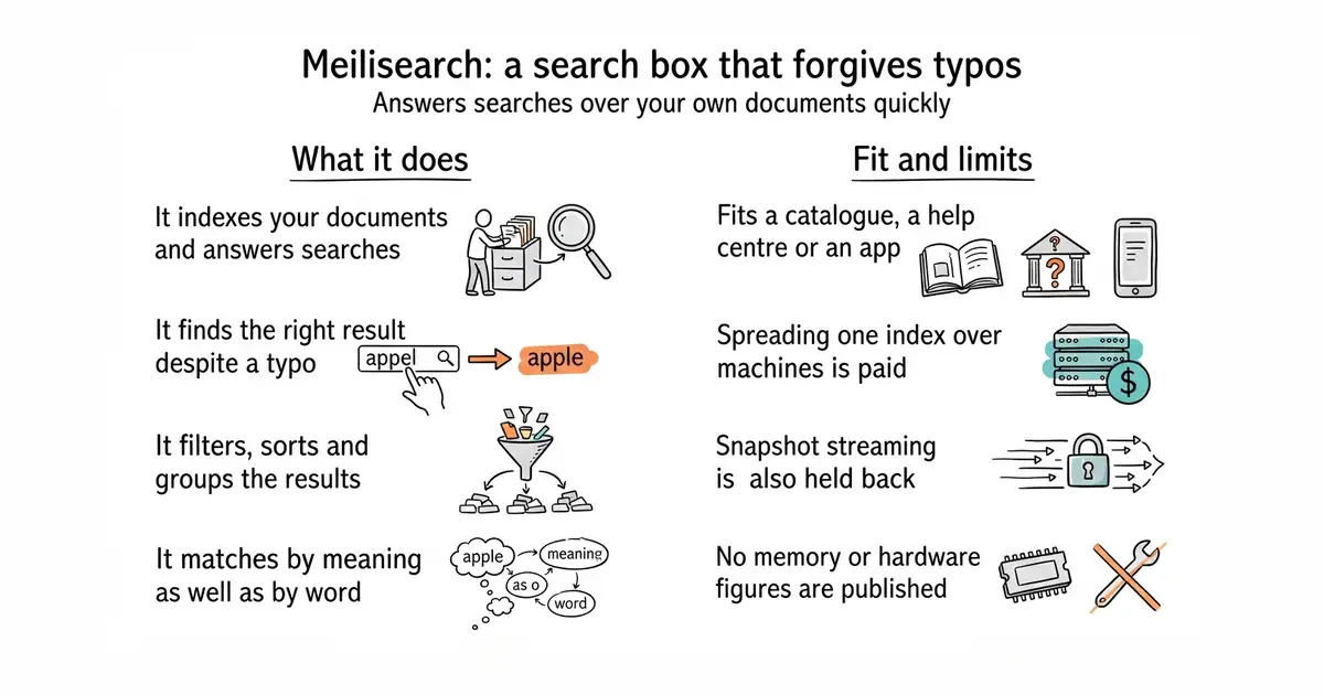 Meilisearch: a search box that forgives typos. Answers searches over your own documents quickly.
