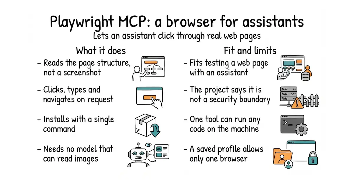 Playwright MCP: a browser for assistants. Lets an assistant click through real web pages.