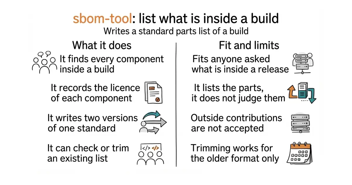 sbom-tool: list what is inside a build. Writes a standard parts list of a build.