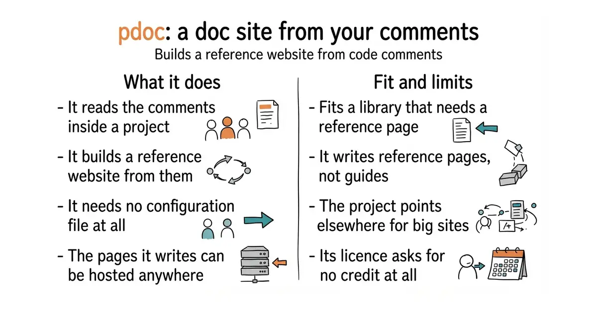 pdoc: a doc site from your comments. Builds a reference website from code comments.