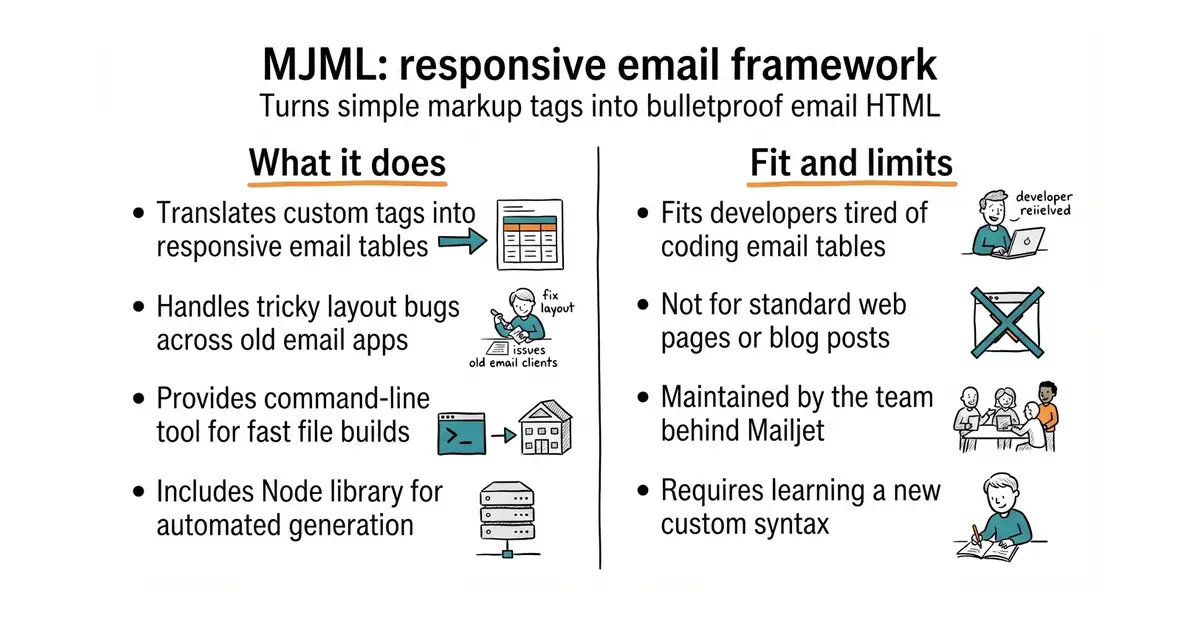 MJML: responsive email framework. Turns simple markup tags into bulletproof email HTML.